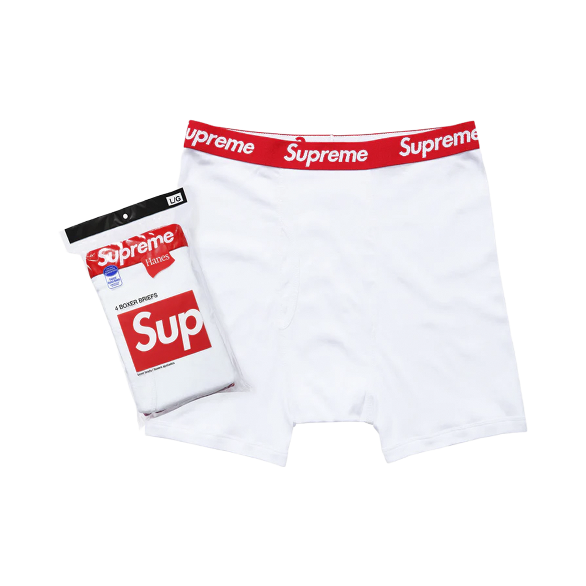 Supreme Hanes Boxer Briefs White (4 Pack) (SUPREME-HANES-BOXER-BRIEFS-WHITE) – Verpackung und Produkt | Rarus